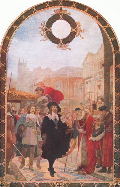 Karl I. fordert die fünf Mitglieder in der Guildhall 1641, Illustration aus Die Geschichte des britischen Volkes, veröffentlicht von Waverley, ca. 1940 von S. J. Soloman